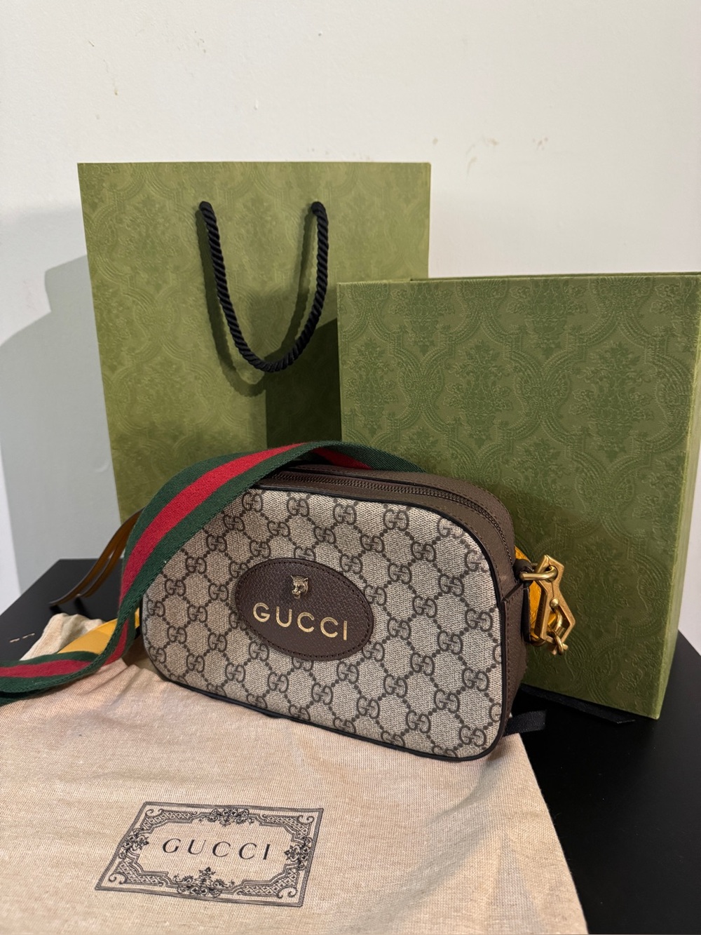 Gucci Beige GG Supreme Belt Bag with Green-Red Web Strap